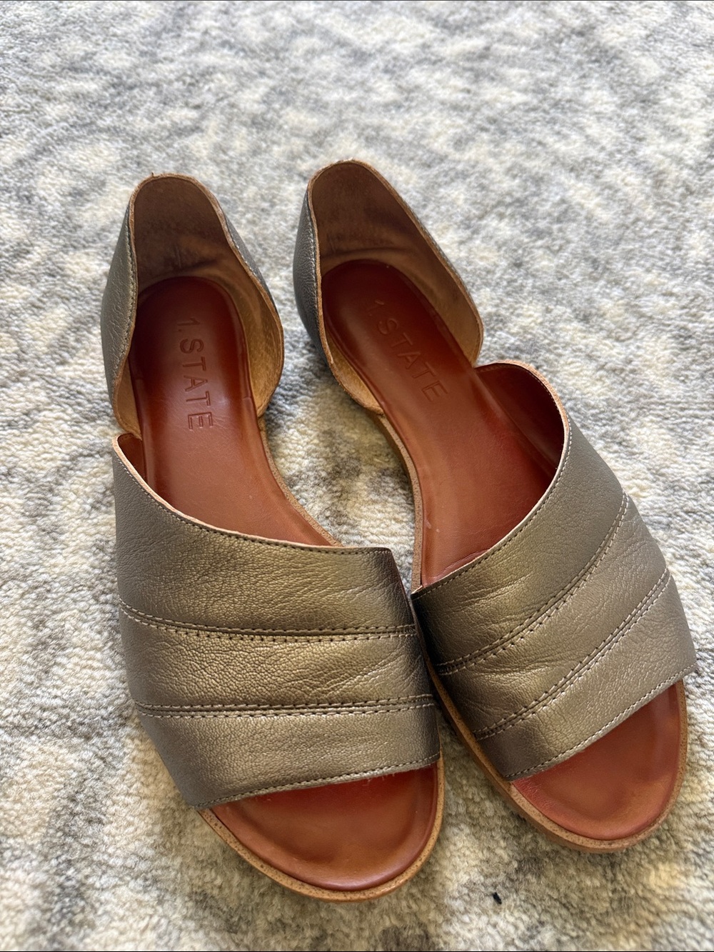 STATE Metallic Open-Front Flat Mules in Pewter